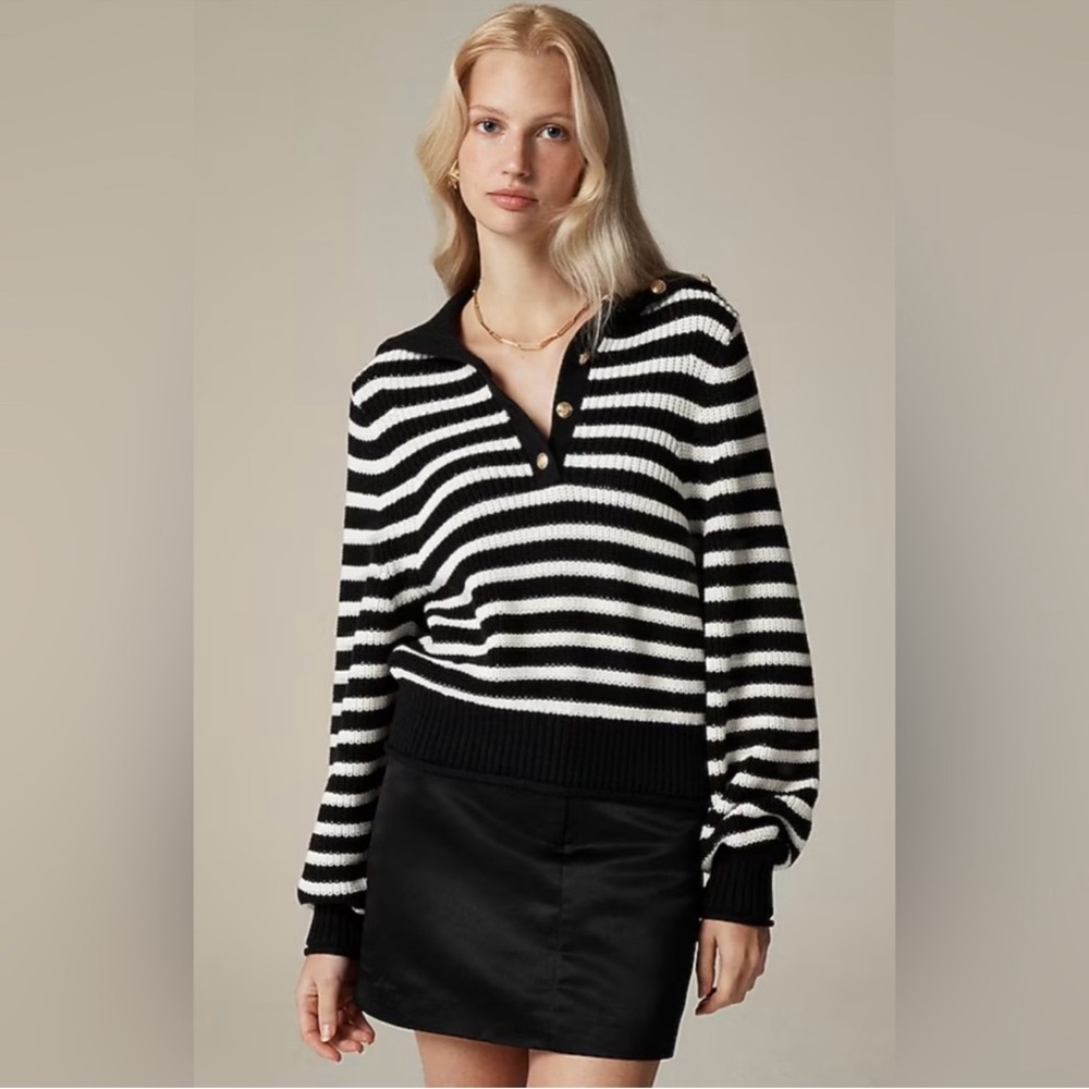 J. Crew Ribbed Cotton Button-Collar Sweater in Black and White Stripe Size XL